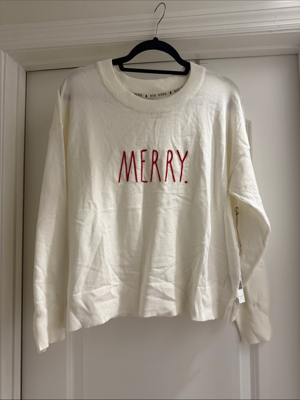 Rae Dunn Cream Crewneck Sweater with Red "MERRY." Embroidery
